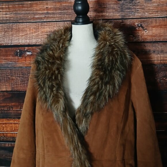 Wilsons Leather Pelle Studio Coat XL Brown Suede Faux Fur Trim Penny Lane - Picture 3 of 13